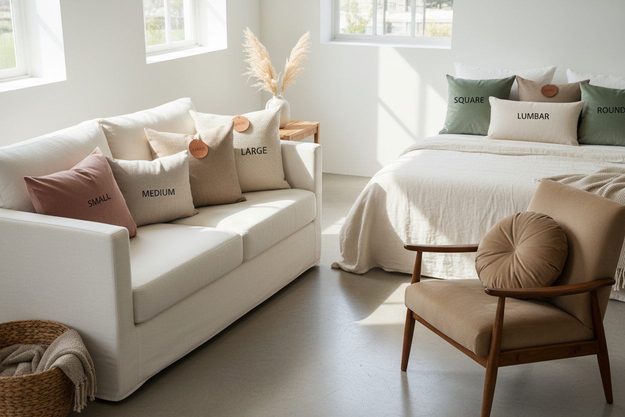 Cozy living room showcasing various cushion sizes labelled small, medium, large, square, and lumbar on a sofa and bed