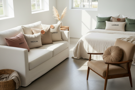 Cozy living room showcasing various cushion sizes labelled small, medium, large, square, and lumbar on a sofa and bed