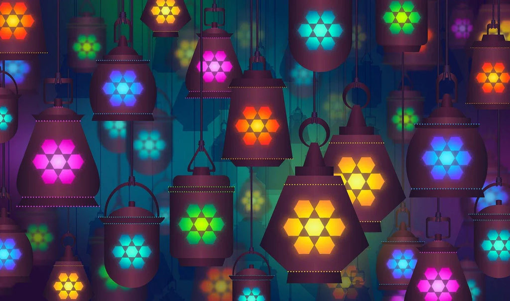 Colorful decorative lights hanging with floral patterns glowing in various vibrant colors