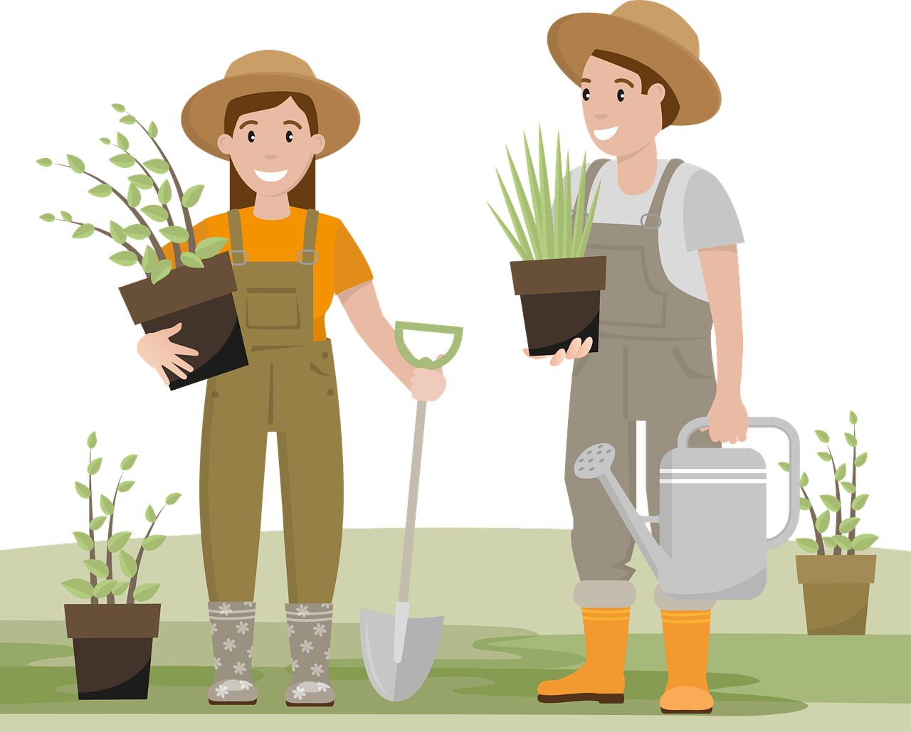 Two cheerful gardeners holding plants and tools surrounded by garden accessories in a vibrant garden setting