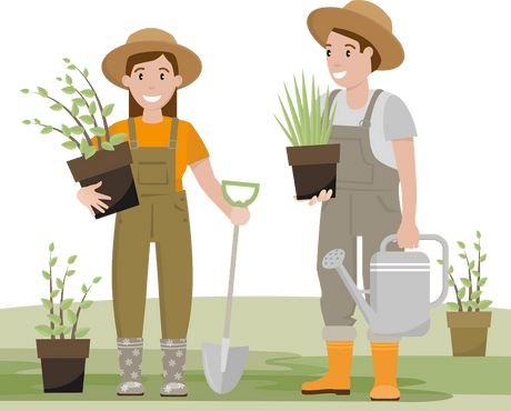 Two cheerful gardeners holding plants and tools surrounded by garden accessories in a vibrant garden setting