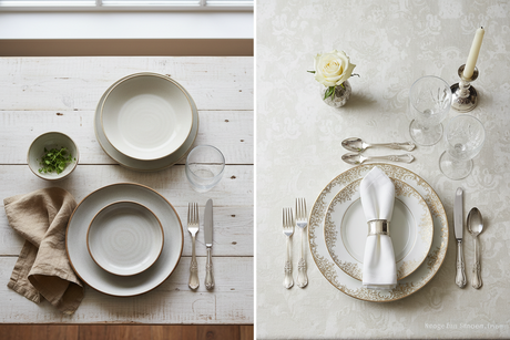 Comparison of everyday and formal dinner sets displayed on wooden and elegant table settings