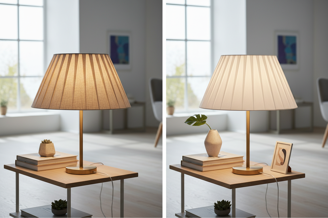 Comparison of fabric and paper lampshades on a table, showcasing different lighting effects and styles