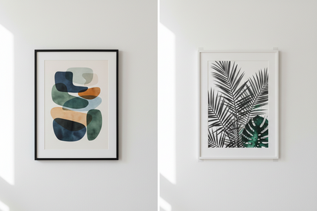 Framed wall art featuring abstract shapes and tropical leaf designs for modern home decor