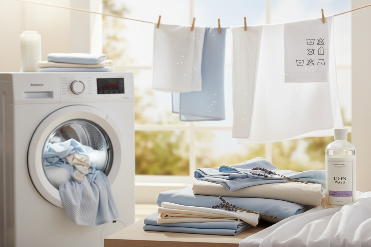 Washing and caring for bedding with clean laundry and fabric care products in a bright setting