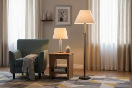 Stylish living room with table and floor lamps, showcasing elegant lampshades complementing the decor