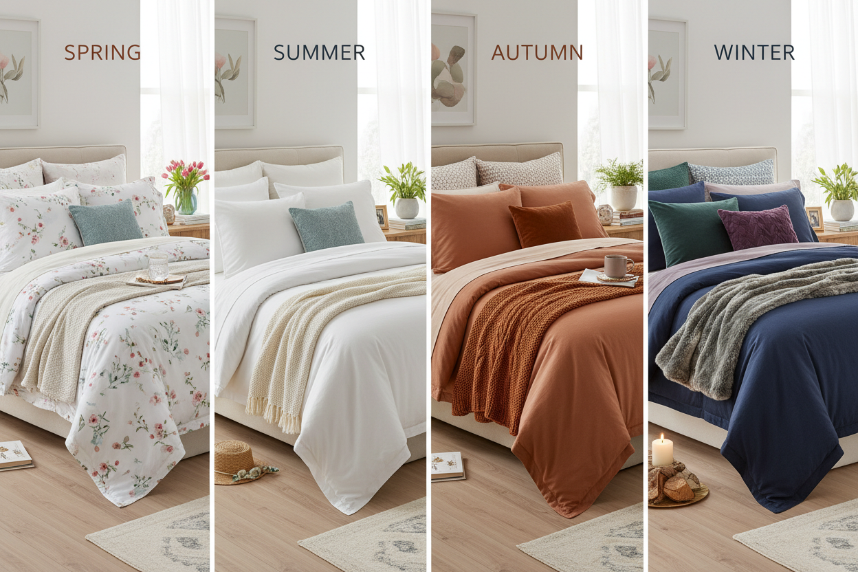 Seasonal bedding for spring, summer, autumn, and winter showcasing different styles and textures