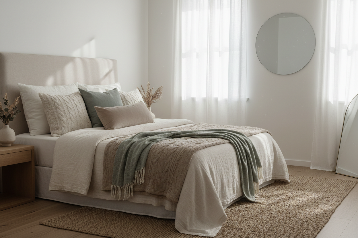 Stylish bedroom featuring a bedspread with decorative cushions and natural light for a serene atmosphere
