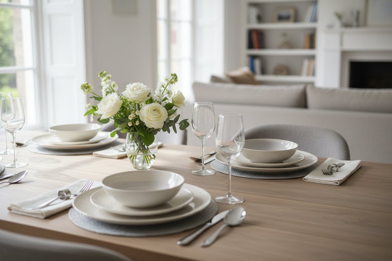 Elegant dinner set arranged on a wooden table with floral centerpiece and glassware for a stylish dining experience