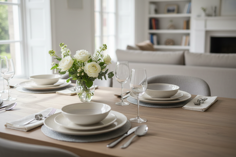 Elegant dinner set arranged on a wooden table with floral centerpiece and glassware for a stylish dining experience