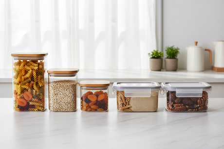 Stylish kitchen storage containers displaying pasta, grains, and nuts for an organised kitchen