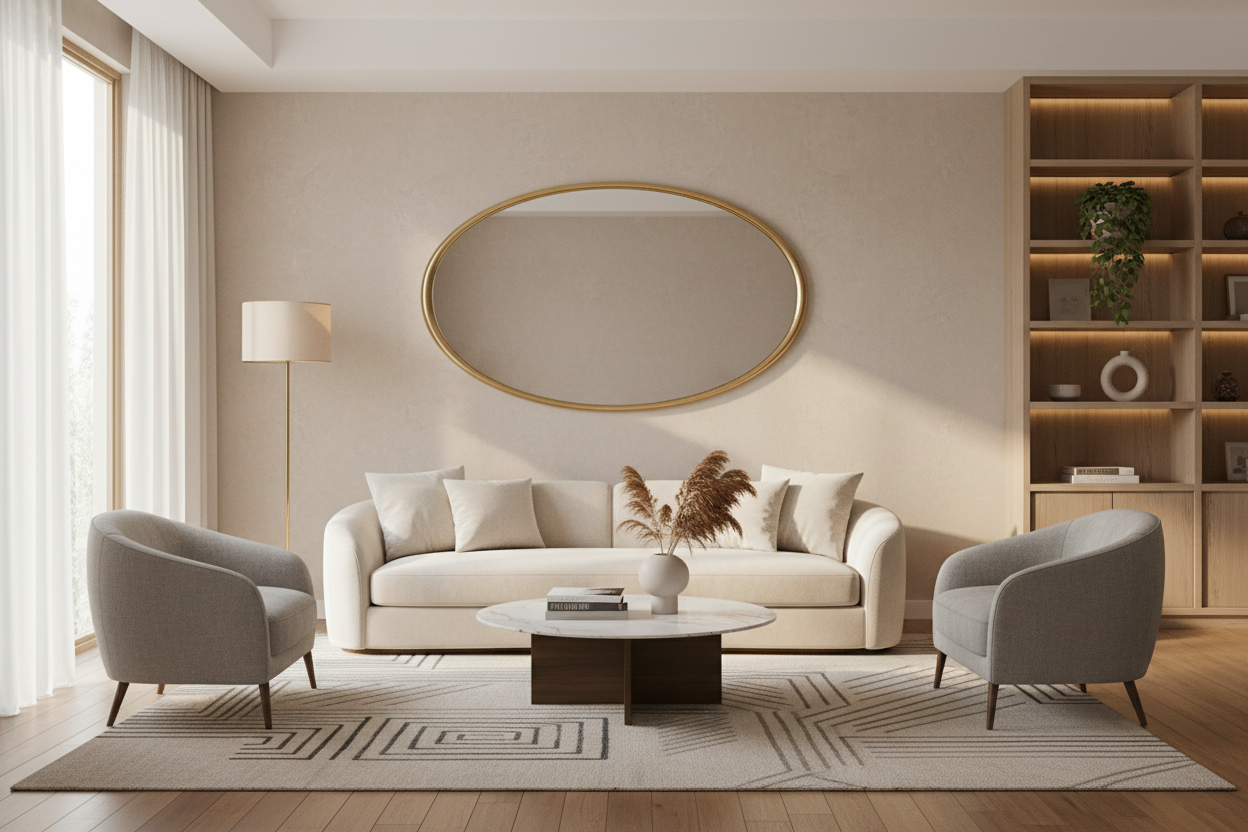 Elegant living room featuring a large oval mirror above a stylish sofa and modern decor