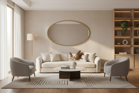 Elegant living room featuring a large oval mirror above a stylish sofa and modern decor