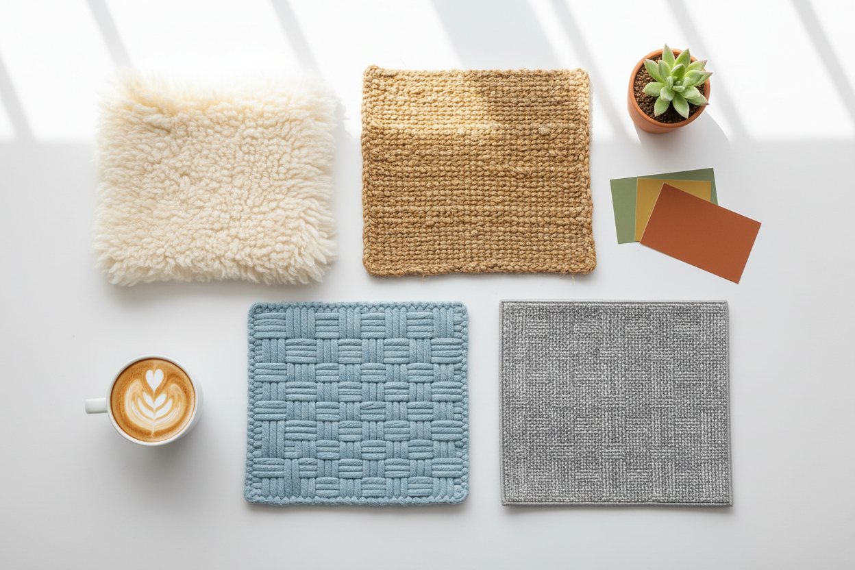 Various rug materials displayed with a coffee cup and a potted plant for home decor inspiration