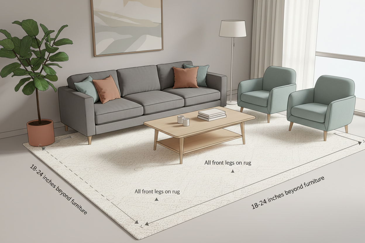 Guide on rug size showing placement around furniture for a balanced living room layout