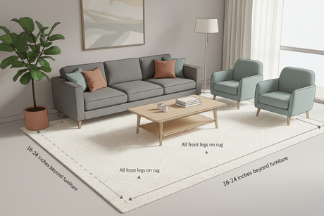 Guide on rug size showing placement around furniture for a balanced living room layout