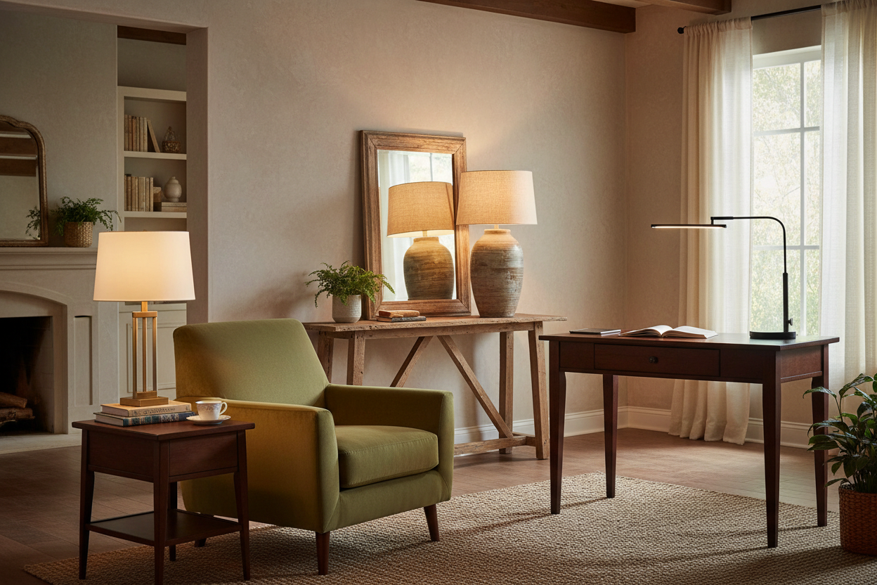 Stylish living room scene featuring a table lamp and comfortable armchair for a cosy atmosphere