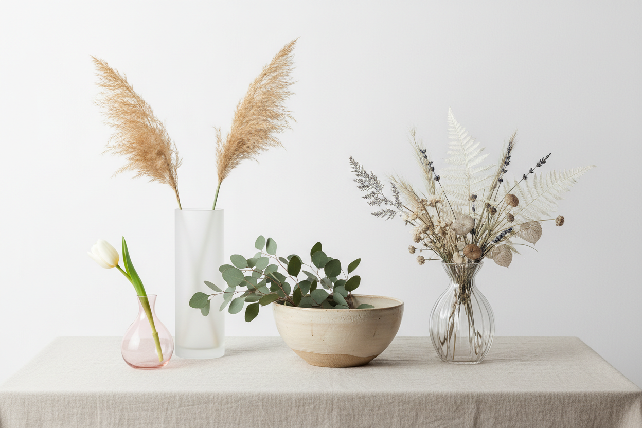 Different vase shapes showcasing elegant displays of flowers and greenery for stylish home decorating