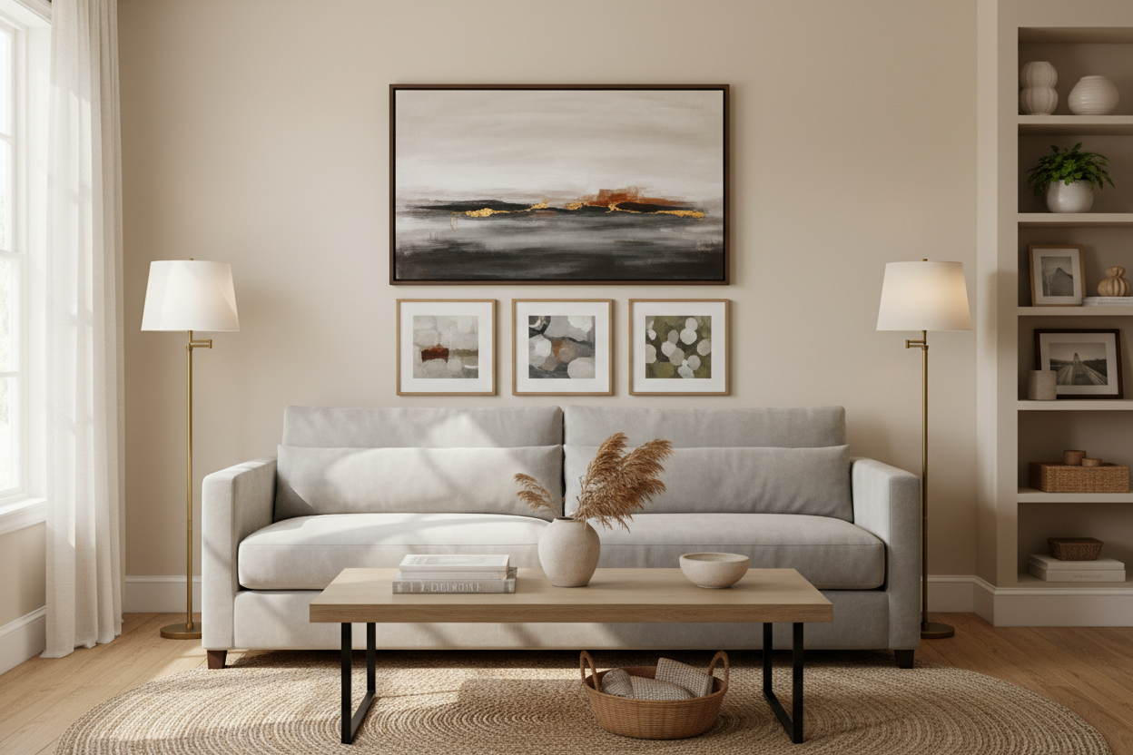 Elegant living room featuring stylish wall art above a sofa with neutral tones and modern decor