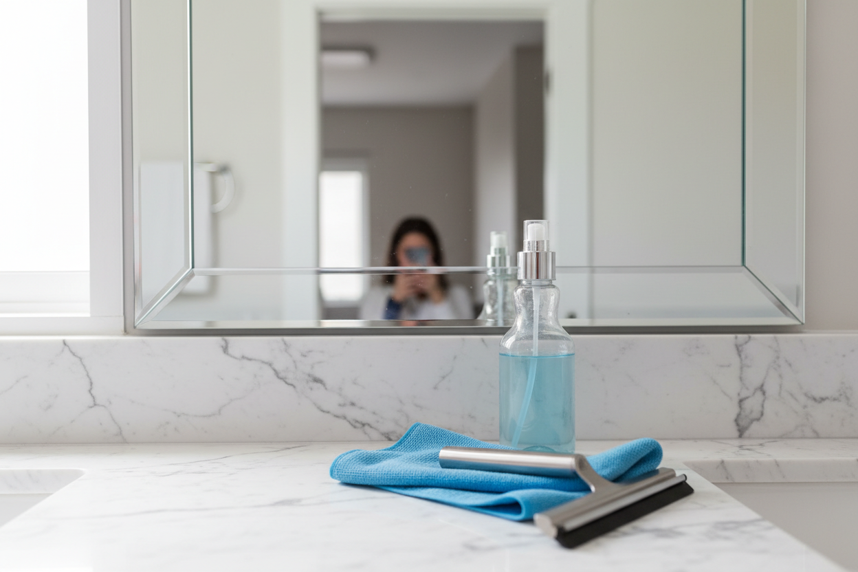 Cleaning supplies on a marble counter with clear mirrors reflecting light and enhancing room decor