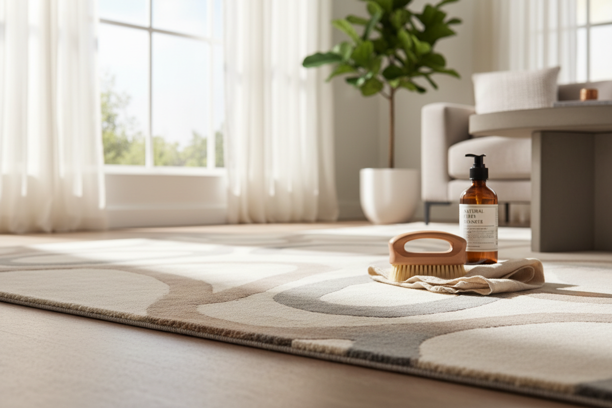 Tools and products to maintain your rug placed on a beautiful living room floor