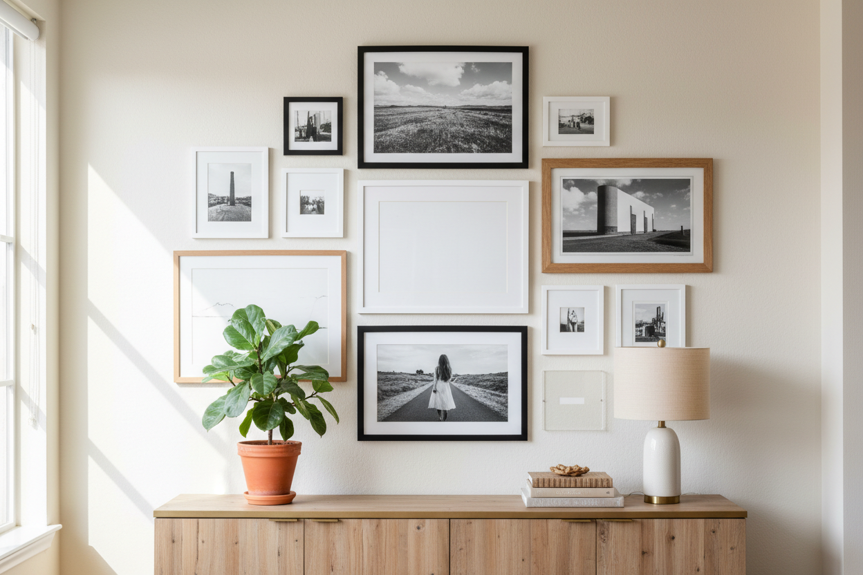 Stylish gallery wall featuring a mix of black and white framed photos, a plant, and a lamp