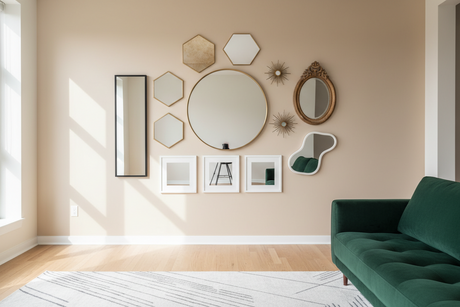 Stylish mirror gallery wall featuring various shapes and sizes enhancing the room's decor