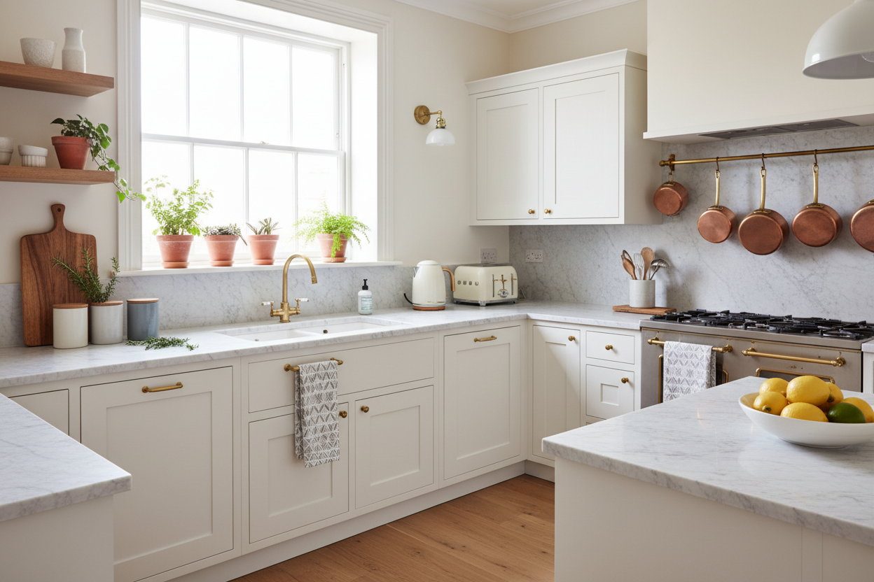 Bright and inviting kitchen with modern cabinetry, marble countertops, and stylish accessories