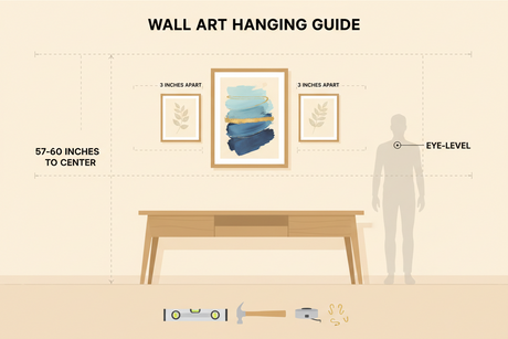 Wall Art Hanging Guide illustrating ideal height and spacing for wall art placement in a room