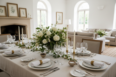 Elegant table set for a dinner party featuring floral centrepiece and fine tableware