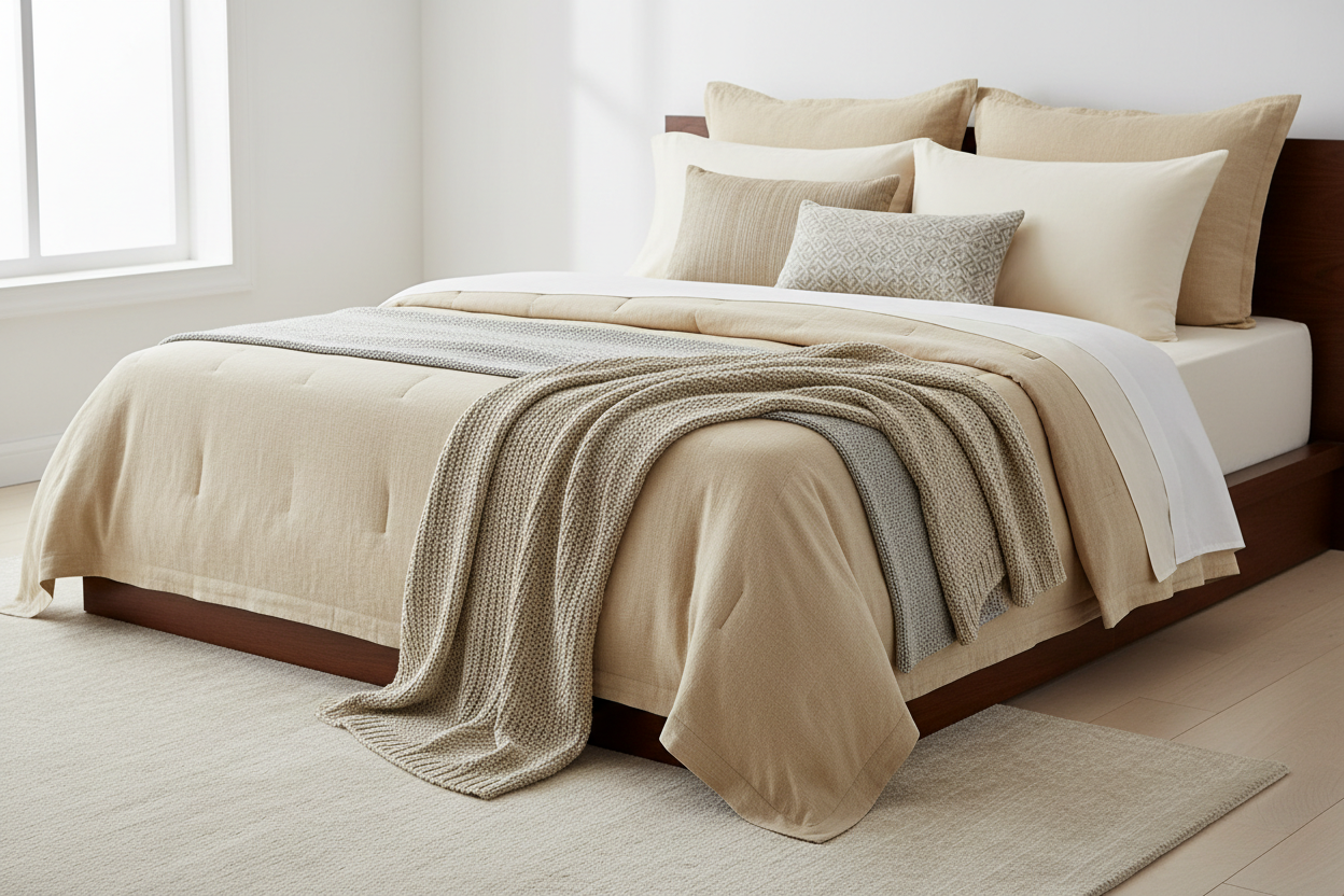 Elegantly styled bedding with layered textures in warm neutral tones for a cozy bedroom aesthetic