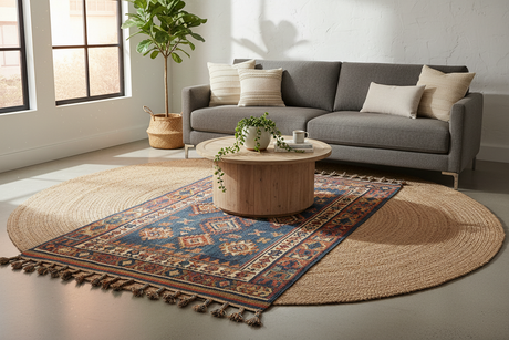 Living room with layered rugs featuring a vibrant patterned rug under a round jute rug