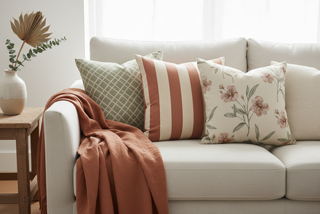 Stylish sofa adorned with various cushion patterns for a chic living room look