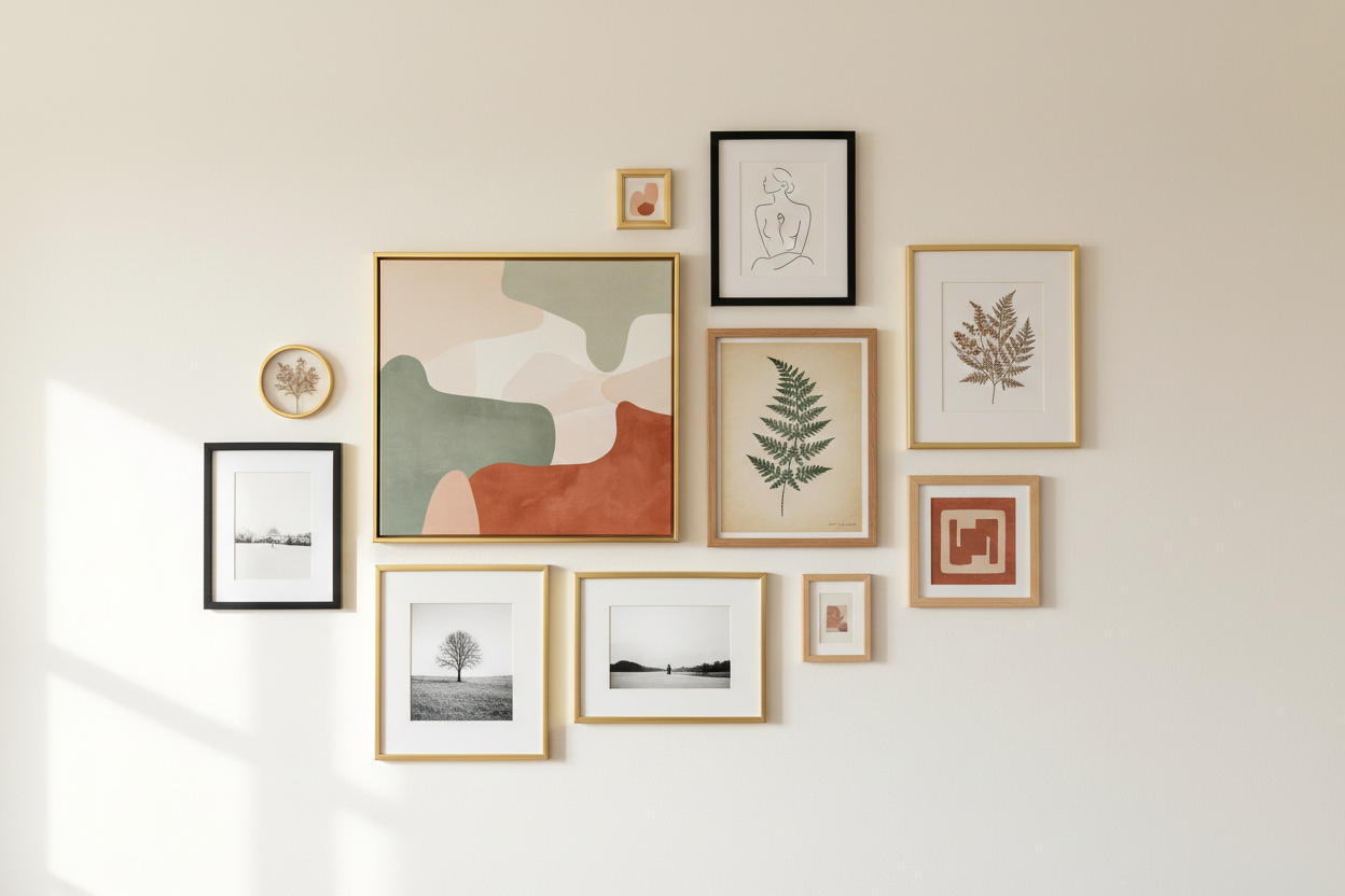 Creative Wall Art display featuring a mix of styles and sizes for a cohesive home decor look