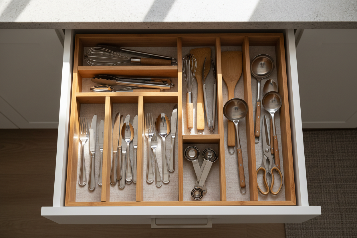 Organised kitchen drawers featuring neatly arranged cutlery, utensils, and tools for efficient cooking