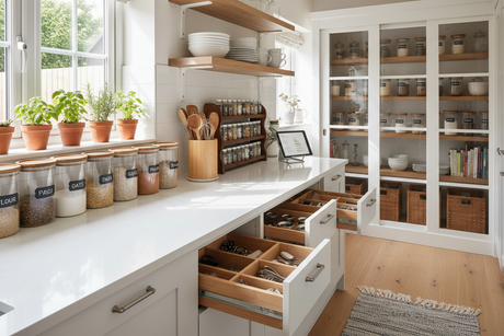 Organised kitchen featuring storage containers, shelf plants, and open space for easy cooking and access