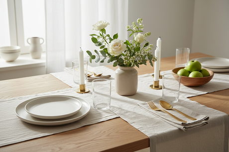 Beautiful table set with elegant plates, glasses, and fresh flowers for a stylish dining experience