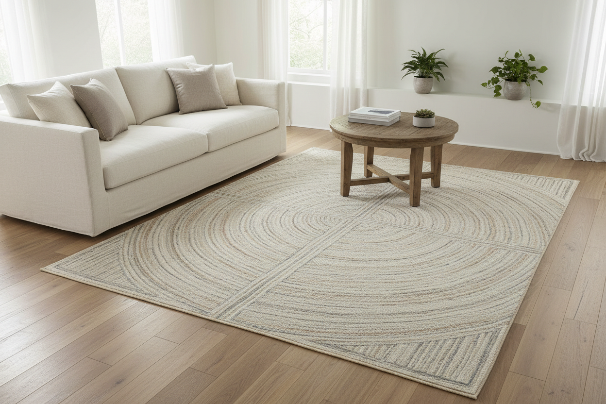Living room showcasing a stylish rug with a circular design, addressing rugs slipping issues.