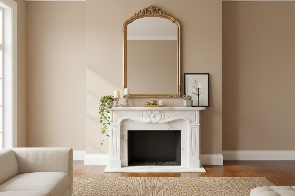 Stylish interior featuring a decorative mirror above a marble fireplace for enhancing room decor