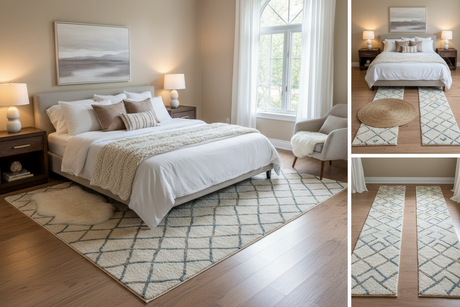 Beautifully designed bedroom showcasing how to style a rug for a calming and balanced atmosphere