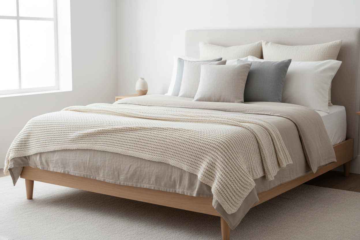 Elegant bed styled with cushions and throws in soft neutral tones for a cosy bedroom look
