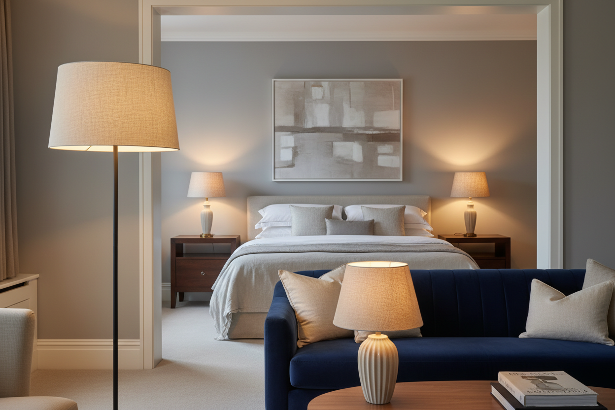 Elegant lampshades enhancing a modern bedroom with a warm glow and stylish decor