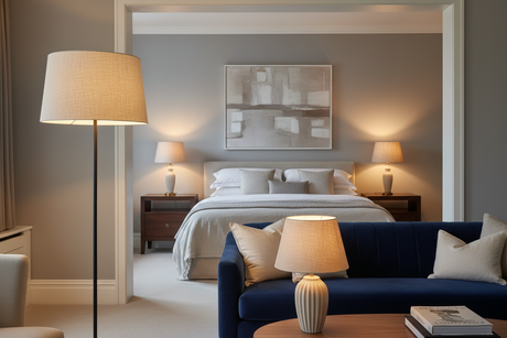 Elegant lampshades enhancing a modern bedroom with a warm glow and stylish decor