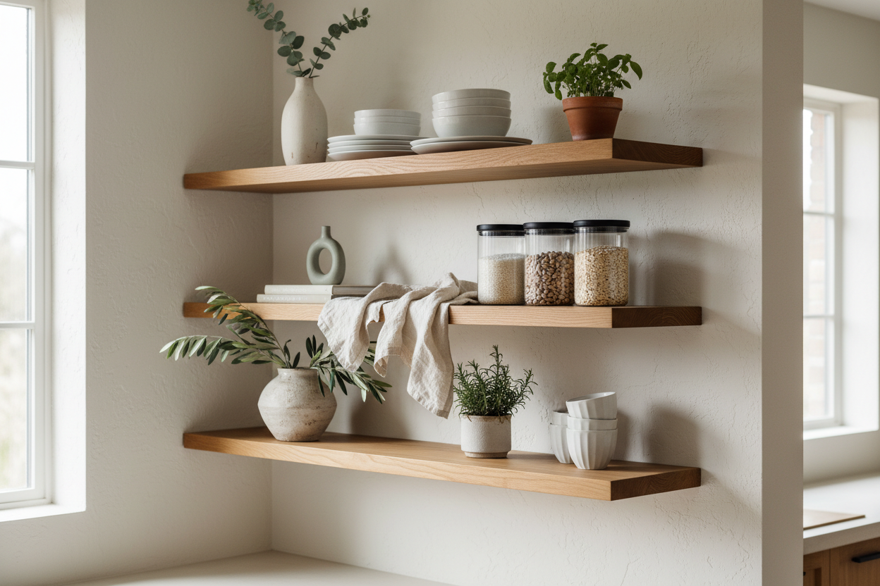 Stylishly arranged open shelving with plants, dishware, and storage jars in a modern kitchen