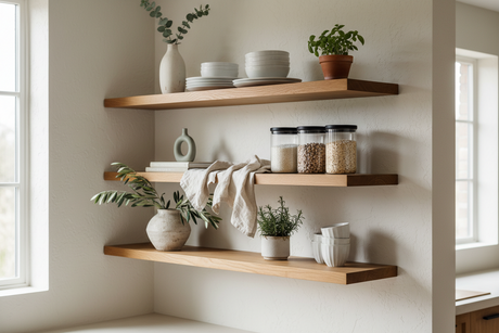 Stylishly arranged open shelving with plants, dishware, and storage jars in a modern kitchen