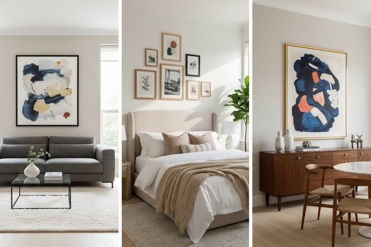 Examples of wall art displayed above a sofa, bed, and sideboard enhancing home decor