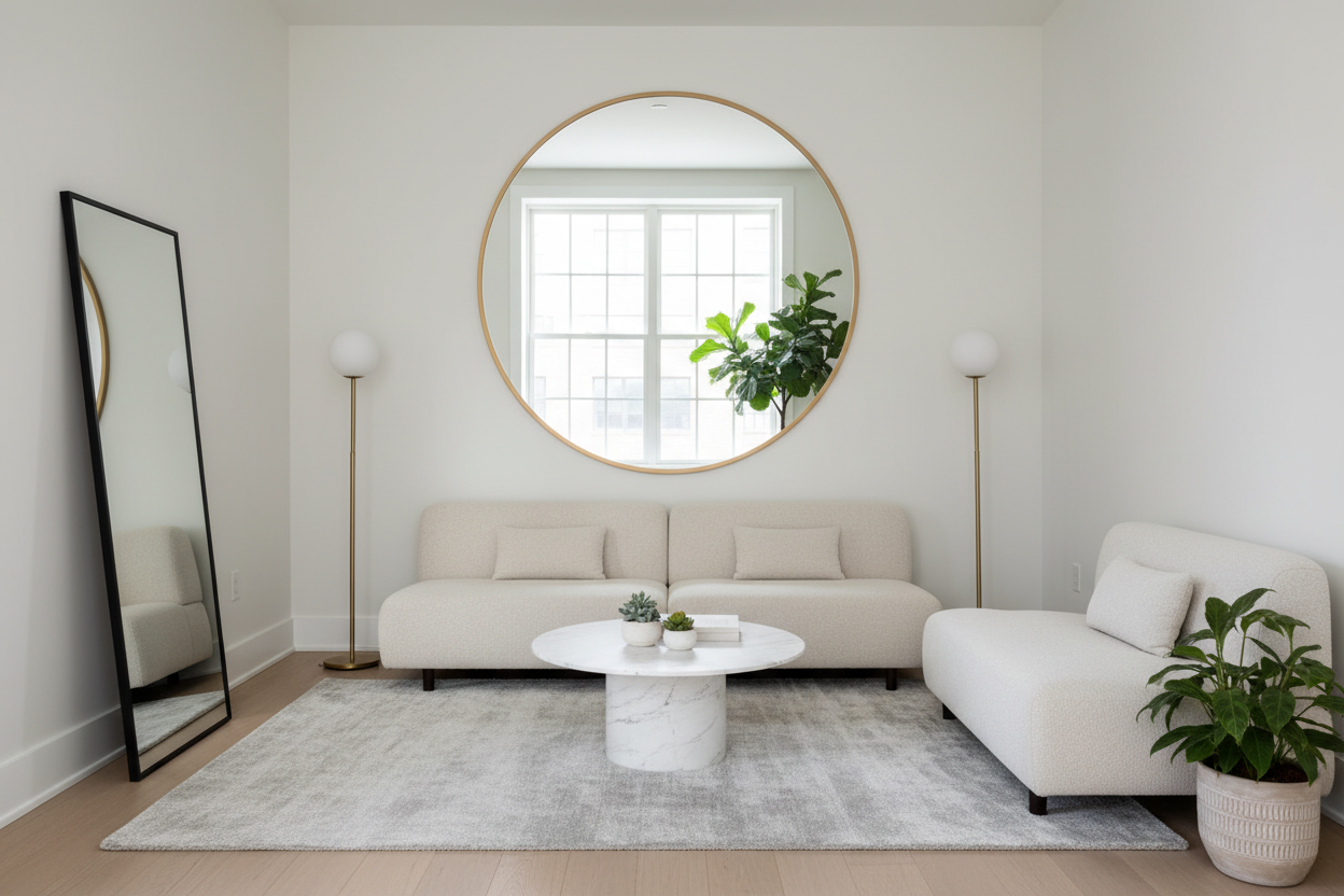 Stylish living room featuring large and small mirrors to enhance space and brightness