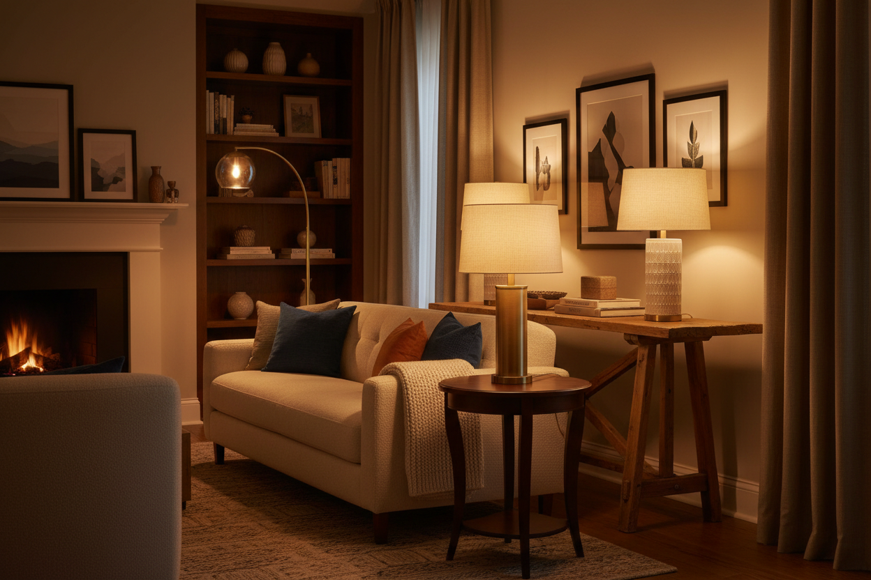 Cozy living room featuring stylish table lamps illuminating a comfortable sofa and decorative elements