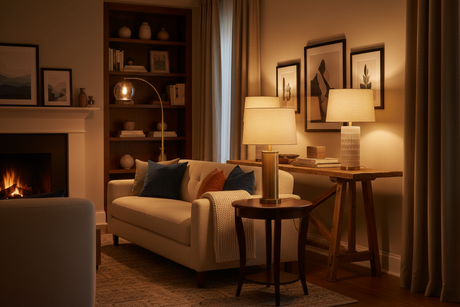 Cozy living room featuring stylish table lamps illuminating a comfortable sofa and decorative elements