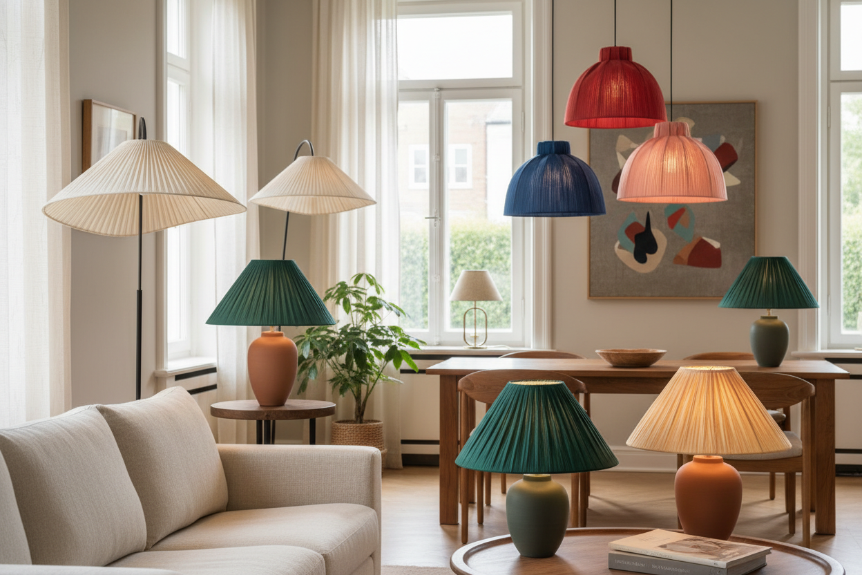 Contemporary living room showcasing various lampshades made of natural materials and bold silhouettes